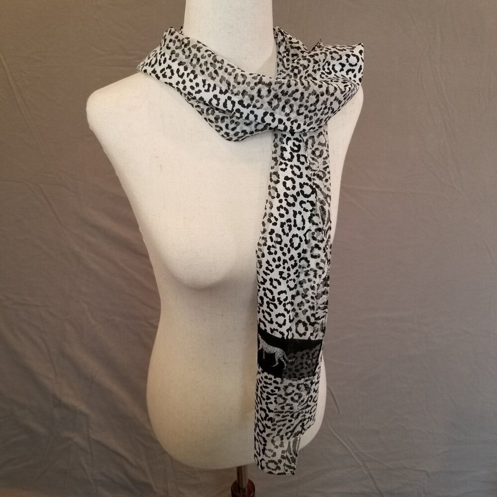 Scarf Women Wrap Rectangle Leopard Animal Print Black White 12 x 61 Cheetah Cat - Picture 3 of 12